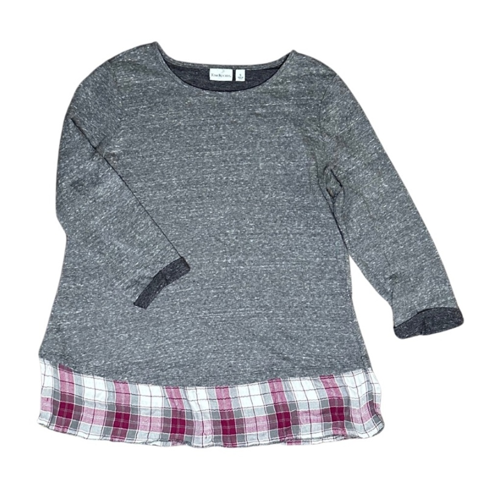 Kim Rogers Top Medium Gray Shirt Layered Look Plaid 3/4 Sleeve